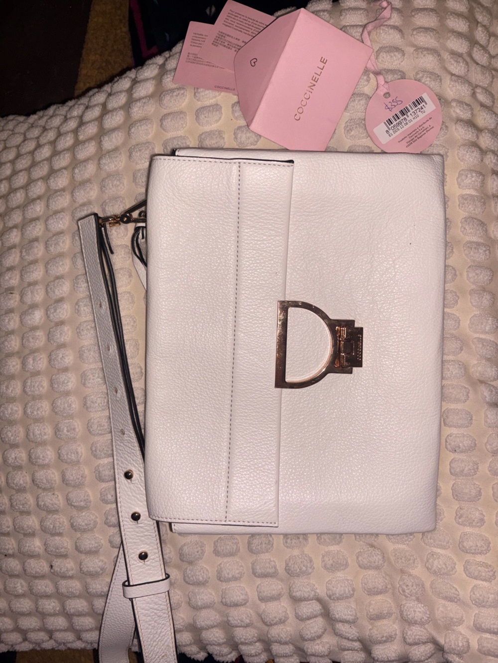 Coccinelle White Leather Wristlet Crossbody with Gold D-Ring Accent